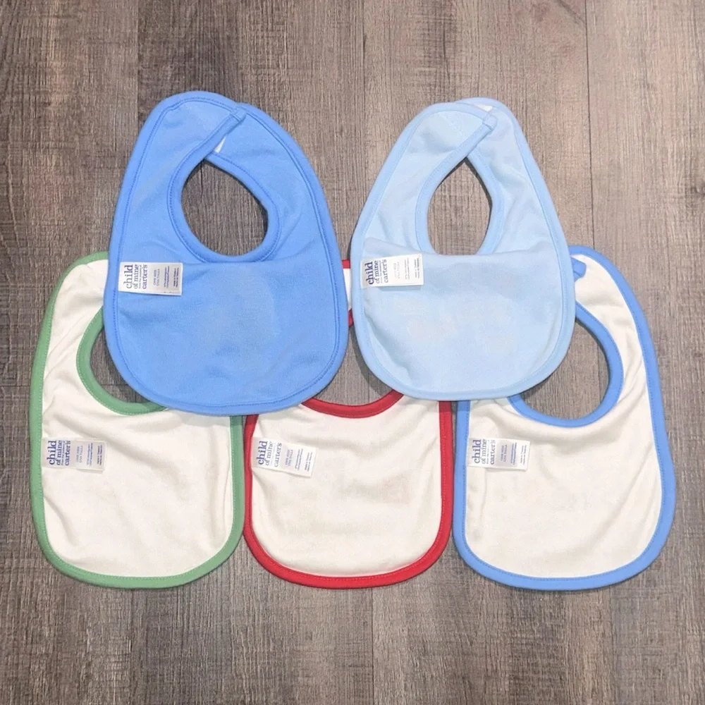 New Set of 5 Infant & Baby Boy Reversible Terry Cloth Baby Bibs